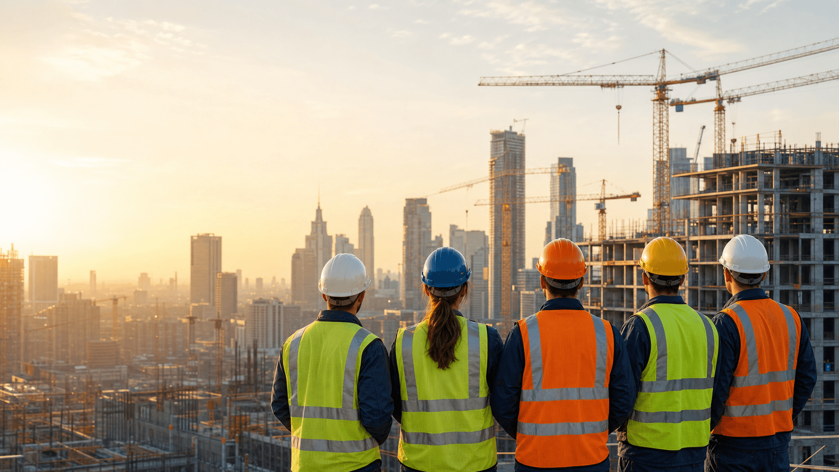 Workers overlooking a construction site